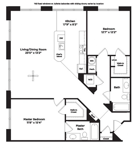 Floor plan for 2 beds, 2 baths, 1289 sqft